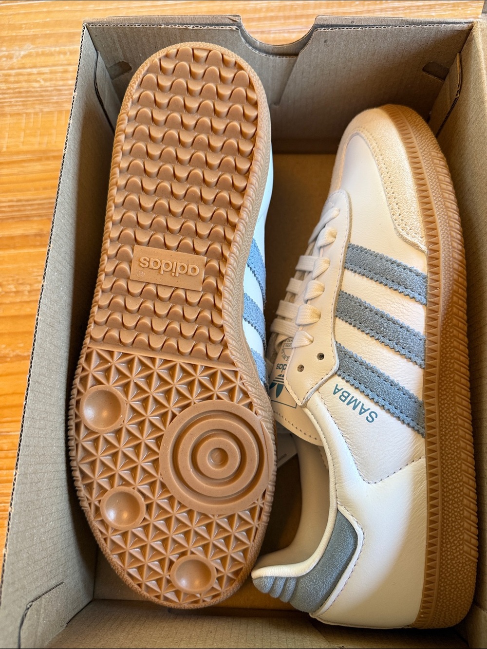 adidas Samba Sneakers in White, Blue-ish Gray & Gum - Picture 7 of 10